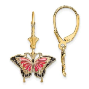 14K Solid Yellow Gold Pink Butterfly Dangle Earrings - Picture 1 of 4