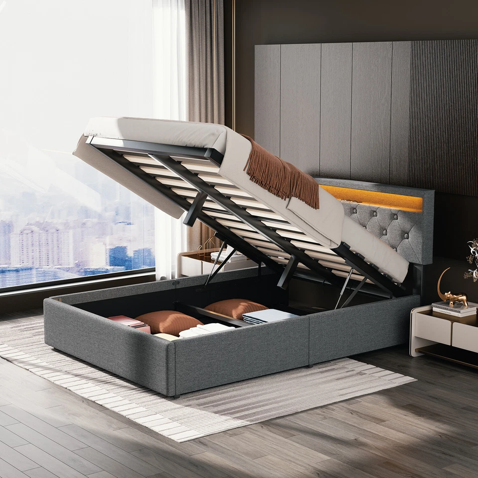 Polsterbett 140x200cm Doppelbett Bettgestell mit Bettkasten USB & LED-Licht DE - Bild 1 von 4