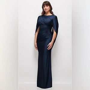 Maxi Vestido After Six Capa Satén Talla Pequeña Medianoche Azul Marino Elastizado Acanalado Formal - Imagen 1 de 11