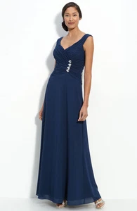 NEW JS Collections Rhinestone Detail Chiffon DRESS GOWN SIZE 16 NAVY - Picture 1 of 1