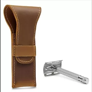 Braune Jeereal Echtleder zweischneidige Sicherheits-Rasierer-Schutzhülle Reisetasche - Bild 1 von 13