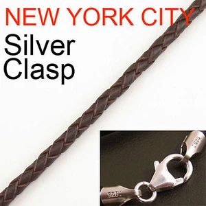 3mm Brown Briaded Bolo Leather Cord Necklace 925 sterling Silver Clasp 14" - 36" - Picture 1 of 1