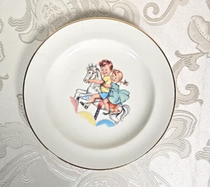 Salem Porzellan Kinder Teller Junge Mädchen auf Karussell Pferd 23K Goldrand 7 1/4" USA - Bild 1 von 6