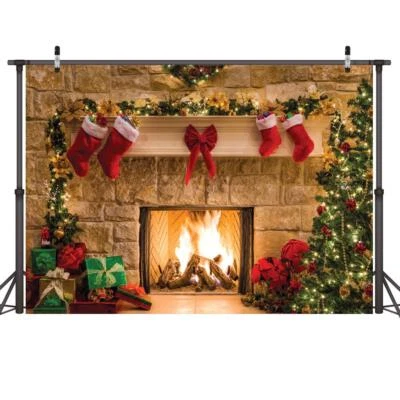 7x5FT Weihnachten Kamin Hintergrund Mit Bäumen Für Abendessen Familie Party D... - Bild 1 von 4