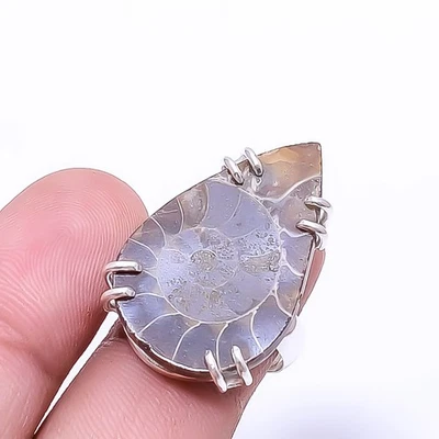 Anel Cleoniceras Cleon amonita - solitário fóssil 925 prata esterlina p.7.5 R121 - Imagem 1 de 4