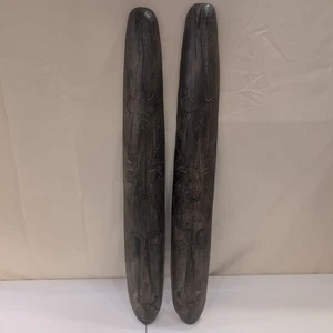 Pair of Tall Wooden Face Carved Tribal Wall Art Panels Primitive Decor 39" × 5" - Picture 1 of 9