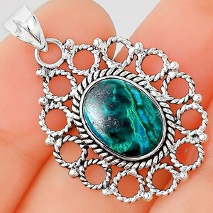 Ciondolo Crisocolla Azzurra Naturale Argento Sterling 925 Gioielli P-1009 - Foto 1 di 5