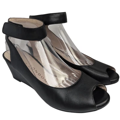 Sacha London Venice Cuero Negro Punta abierta Cuña Tobillo Envolvente Tacón Mujer 9 Foto 1 de 4