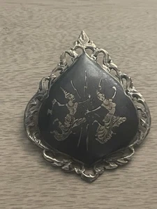 VINTAGE SIAM ETCHED DANCING STERLING SIAM SILVER 925 BROOCH PIN NIELLO RETRO - Picture 1 of 5