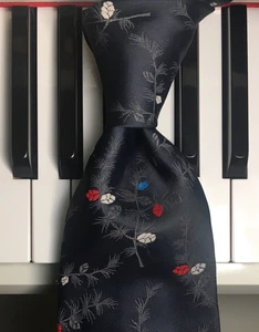 REGALON / Japanese Poly Foliate Tie w/Red, White & Blue Pine Cones on Coal-Black - Picture 1 of 8