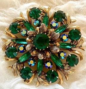 Vintage Selini Smaragd grün goldfarben Brosche Anstecknadel 3D wunderschön - Bild 1 von 8