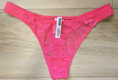 NUEVO CON ETIQUETAS Victoria's Secret ROSA Coral Transparente Encaje Brillo Correa Pierna Alta Tanga Bragas M Foto 1 de 3