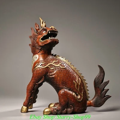 Chinese Red Copper Gilt Silver Kylin Unicorn Qilin Chi-lin Dragon Beast Statue - Image 1 of 4