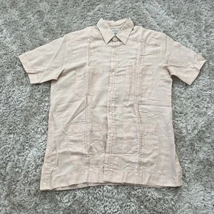 Camisa Adolfo La GUAYABERA Botones Hombres MEDIANA Mezcla de Lino Manga Corta Beige Tejida - Imagen 1 de 6
