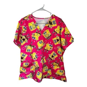 Spongebob Women's All Over Print, V-Neck Scrub Top with Pockets - Comfortable - Picture 1 of 3