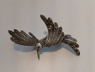 Broche hecho a mano vintage de plata de ley, alfiler de pájaro 925 con marcasita Foto 1 de 4