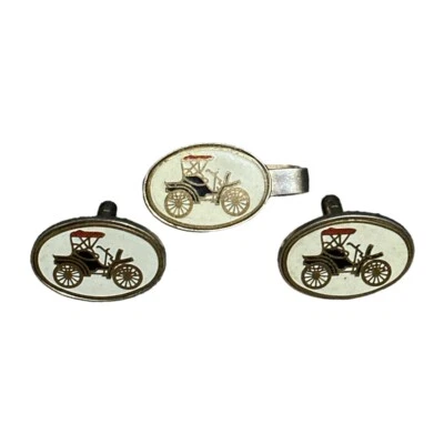 Vintage Model T Car White Enamel & Gold Tone Tie Clip with Matching Cufflinks - Image 1 of 4
