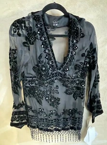 E.C.I. Blusa negra transparente de lentejuelas de manga larga New York talla 10 NUEVA - Imagen 1 de 10