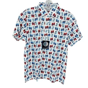 New Leon Levine Polo Shirt Women's PM Short Sleeve Blouse Flip Flop Beach Print - Picture 1 of 9