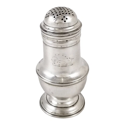 George II sterling silver pepperette shaker, Samuel Wood 1744, Leviathan fish Cover