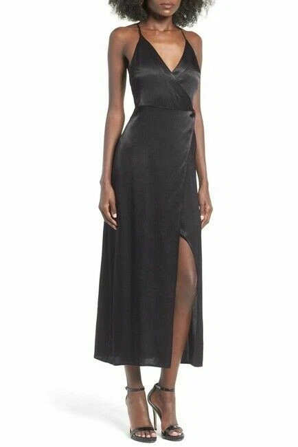 Astr The Label 164235 Women's V- Neck Satin Black Wrap Maxi Dress Size Medium