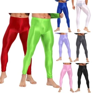Men's Oil Shiny Compression Pants Nylon Stretchy Smooth Gym Workout Tights AU - Picture 1 of 67