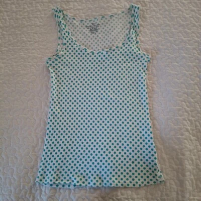 Y2K Faded Glory Tank Top XL 14-16 Sleeveless White Teal Polka Dot Scoop Stretch - Image 1 of 4