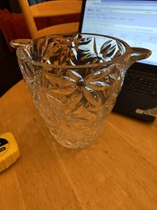 Large Heavy Etched Glass Vase 7 3/4” Tall Unique Handles 9.5” Across vintage - Picture 1 of 10