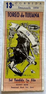 Boleto taurino Tijuana 1958 lado soleado Toreo Bull Fight Corrida - Imagen 1 de 5