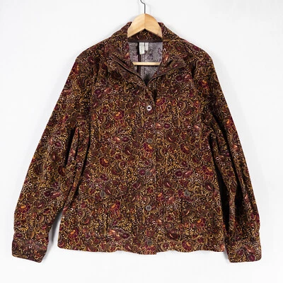 Chaqueta Sahalie para mujer talla grande Marrón Morado Floral Botón Cremallera Bolsillos de pana Foto 1 de 4