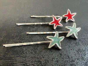 Pair Vintage 1980s Star Silver Plated Enamelled Hair Grips Sliders Pins Red Mint - Picture 1 of 21