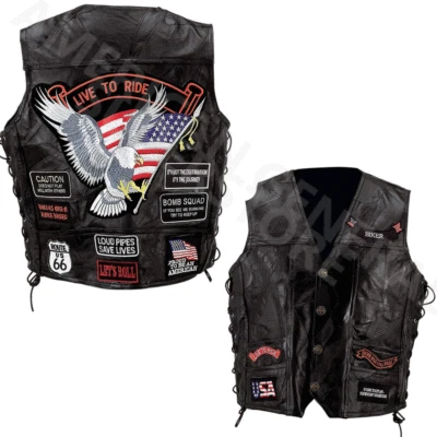 VEST LEATHER Biker Black Buffalo Motorcycle w/ 14 Patches US Flag Eagle Mens MC - Image 1 of 4