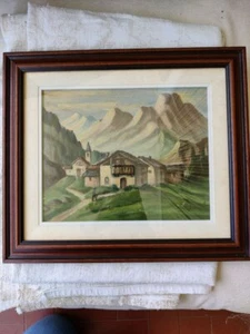 Quadro dipinto a olio su cartone, 1930 circa, paesaggio, montagne, baita [1] - Foto 1 di 9