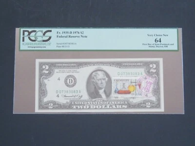1976 - $2 FEDERAL RESERVE (D) -FIRST DAY OF ISSUE WITH  STAMP  PCGS VERY NEW 64  - Image 1 of 2