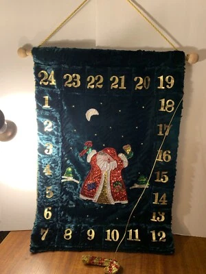 Vintage Emerald Velvet + Gold Advent Christmas Calendar~Sequin + Beadwork Santa - Image 1 of 4