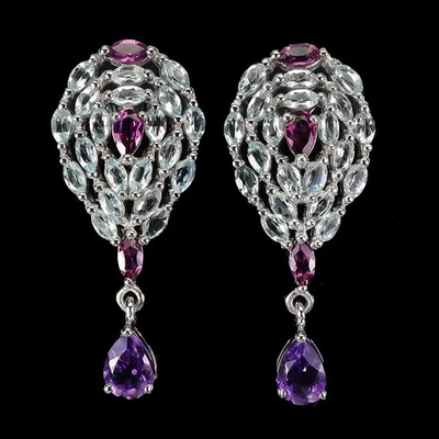 Orecchini in argento sterling 925 pera ametista rodolite topazio senza... - Immagine 1 di 4
