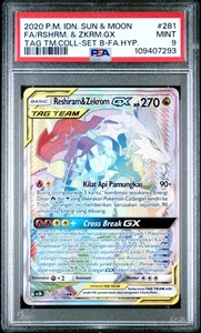 PSA 9 Reshiram & Zekrom GX 281 Tag Team Rainbow Rare Pokemon Card Indonesian - Picture 1 of 2