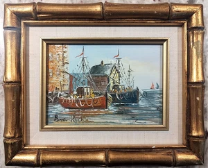 Brian Roche Ölgemälde an Bord Hafen Fischerboote Bambusrahmen 5x7 Vintage - Bild 1 von 4
