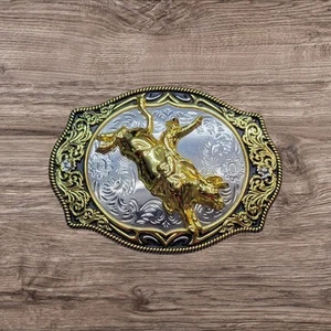 Kid's Cowboy Belt Buckle Bull Rider 3.25" x 2.5" Silver/Black/Gold - Picture 1 of 2