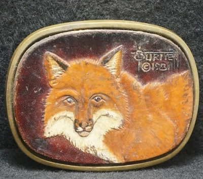 XC05151 HEBILLA DE CINTURÓN DE LATÓN VINTAGE 1981 **ZORRO ROJO** OBRAS DE ARTE DE ANIMALES SALVAJES PARA HOMBRES Foto 1 de 2