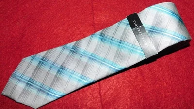 GEOFFREY BEENE GRAVATA LISTRADA CRUZADA MARROM CLARO/AZUL POLI/SEDA - NOVA COM ETIQUETAS - GRAVATAS DE PESCOÇO. - Imagem 1 de 3