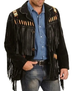 Herren Trachten Western Lederjacke Cowboy mit Fransen Knochen & Perlen Retro - Bild 1 von 3