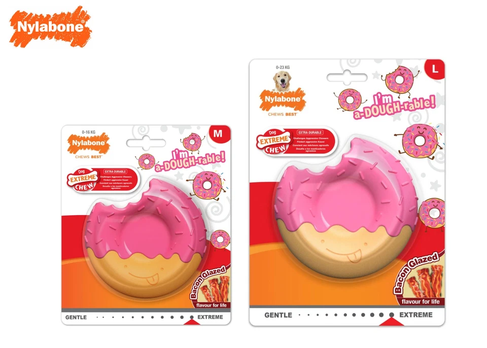NYLABONE BACON GLAZED DOUGHNUT MEDIUM & LARGE EXTREME DURABLE DOG CHEW