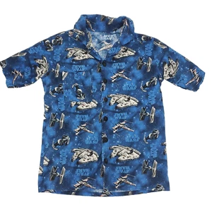 Star Wars Button Shirt Boys Approx. Size 16 Blue X-Wing Millennium Falcon - Picture 1 of 5