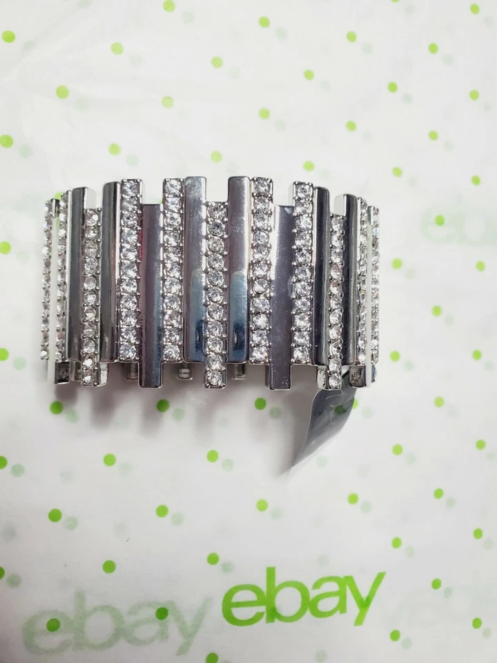 Thalia Sodi Bracelet- Silver Crystal Pave Bar Stretch Link Cuff