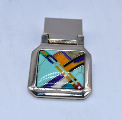 Multi-Color Inlay Nickel Silver Contemporary Southwestern Hinged Money Clip - Image 1 of 4