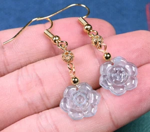 Certified Natural Burmese jadeite A-grade ice blue rose earrings 14k gold-plated - Picture 1 of 5