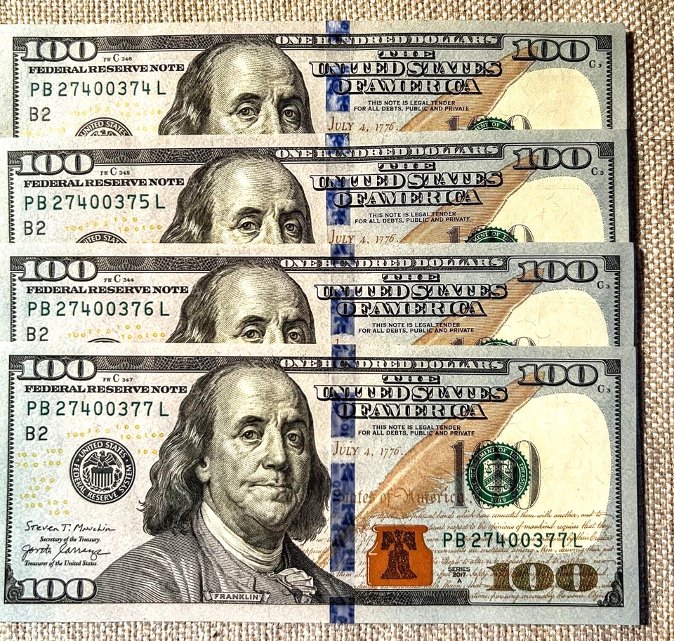 $100 Federal Reserve Note  - Lot of 4 - Series 2017A -  Sequential Order/New - Image 1 of 1