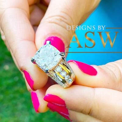 HUGE 6.50Ctw Heavy 14k Solid White Rose Gold Cushion Cut Moissanite and Natural  - Image 1 of 4