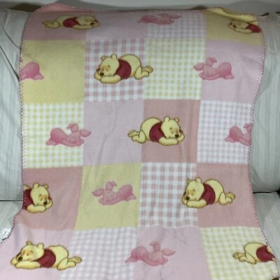 VTG Disney Winnie the Pooh Baby Blanket Pink Yellow Sleeping Piglet Fleece C1 - Image 1 of 4